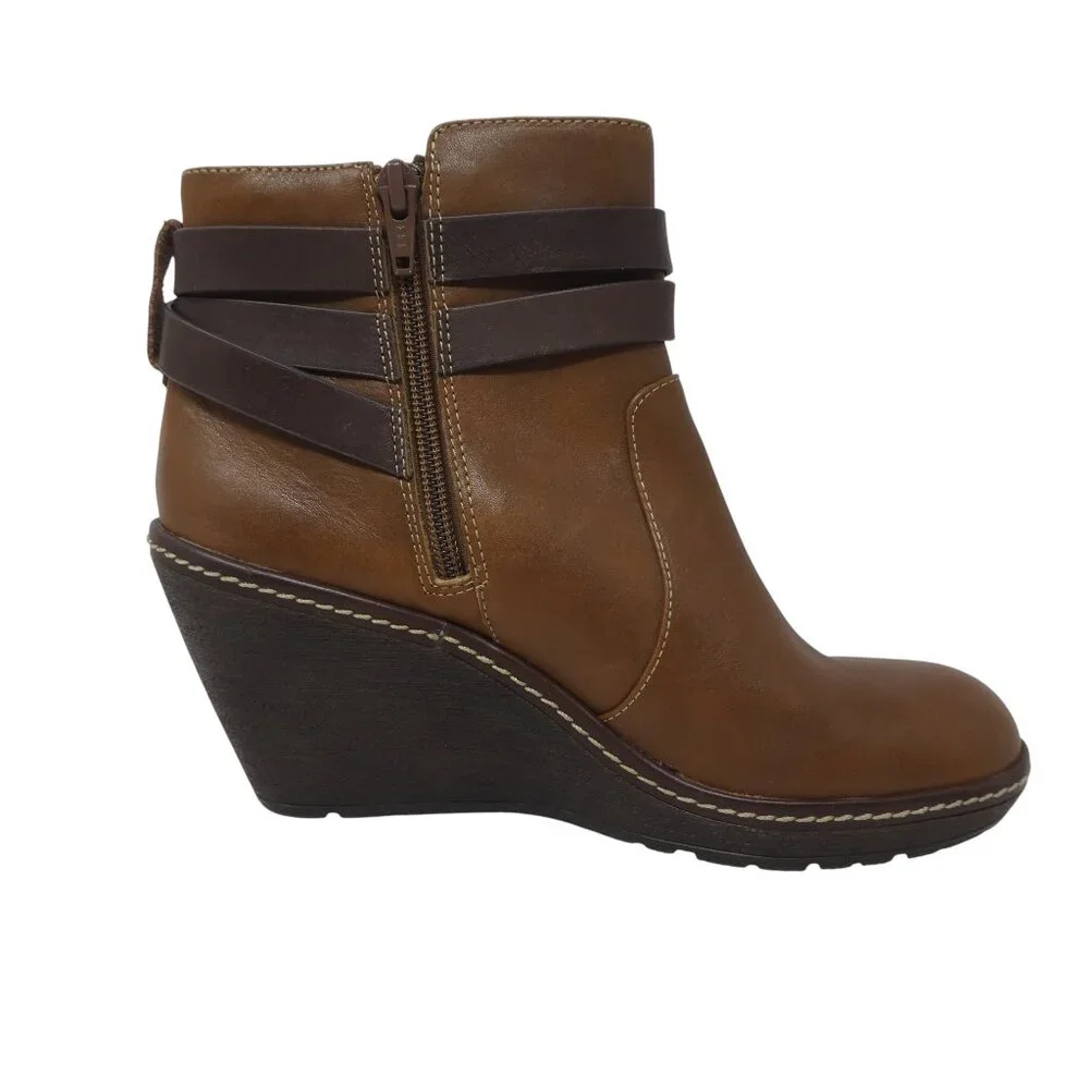 Sofft Caralee Brown Leather Wedge Heel Ankle Boots Booties Womens‎ 7.5